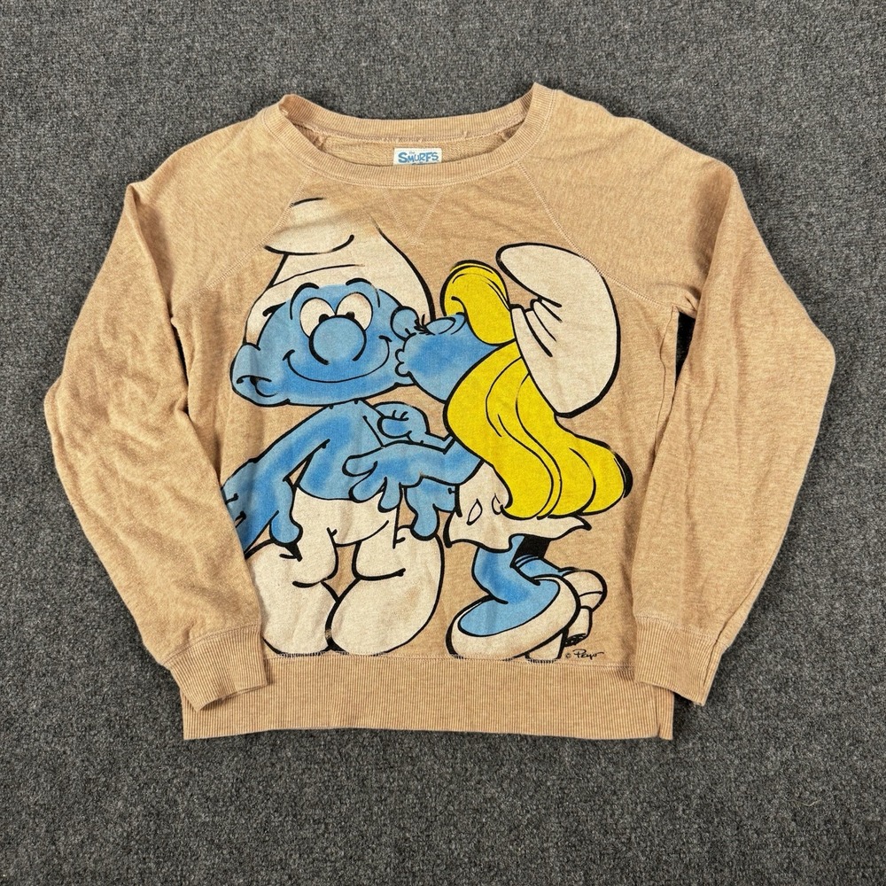 VTG Y2K The Smurfs Smurfette Kiss Sweatshirt Crewneck Graphic Tan Peach Small